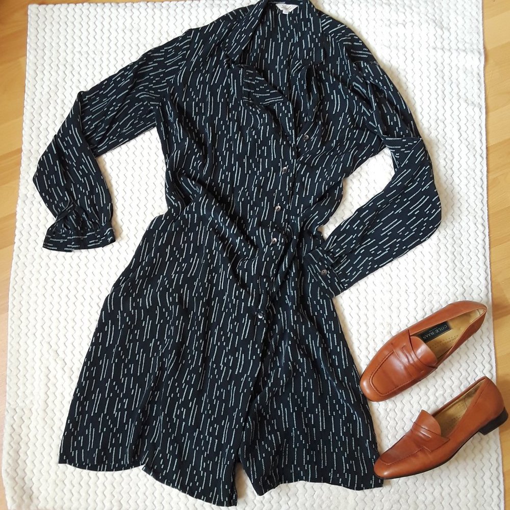 Vintage Black Button Down Long Sleeve Midi Dress